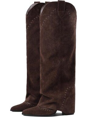 Women's Chocolate Shark Studded Fold Over Knee High Boots Pull on Cowgirl Boots